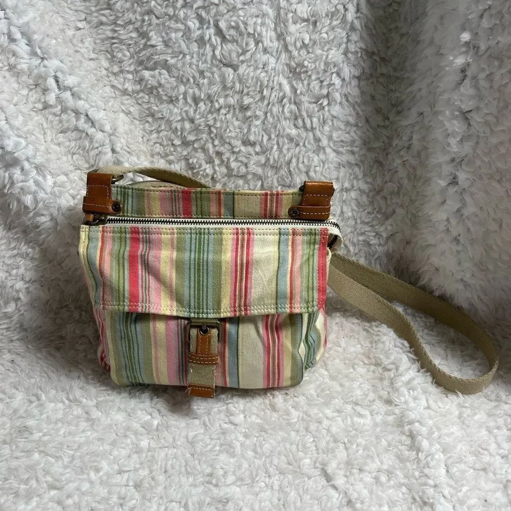 Fossil Multi pastel color small crossbody bag brown leather trims .